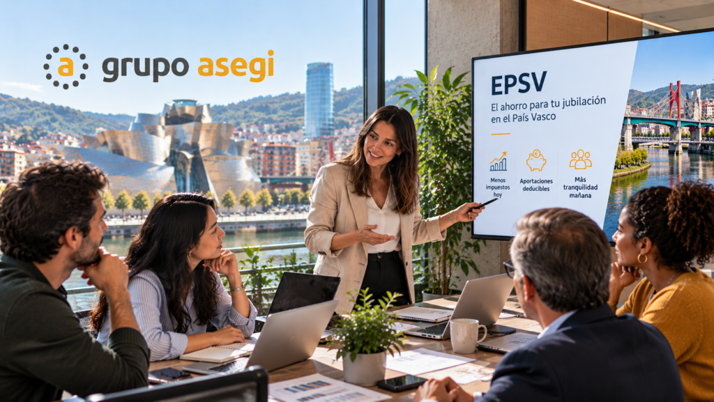 Asesora financiera explicando las ventajas fiscales de las EPSV a un grupo diverso de profesionales en Bilbao.