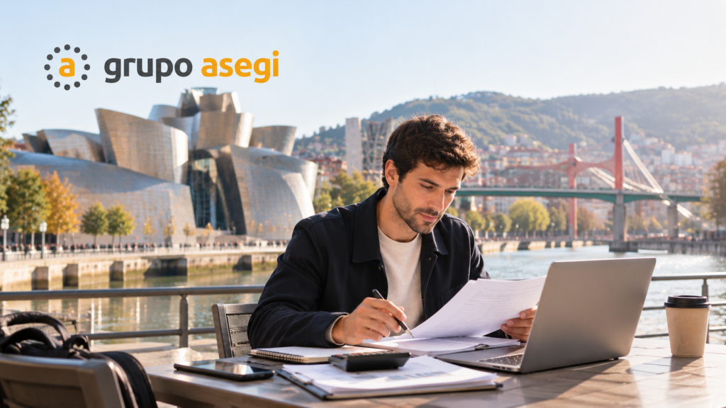 Profesional revisando documentación sobre la cuota de autónomos en Bilbao, con el Museo Guggenheim al fondo.